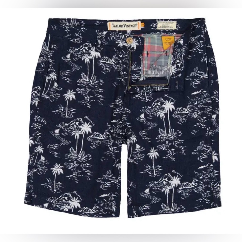 Tailor Vintage Linen Blend Dobby Palm Shorts Navy Blue Tropical Shorts Size 33